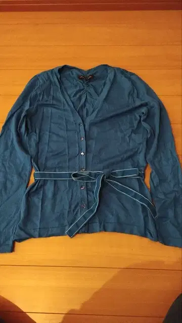 로라 애슐리 파란색 긴팔 가디건 벨벳 리본 포함