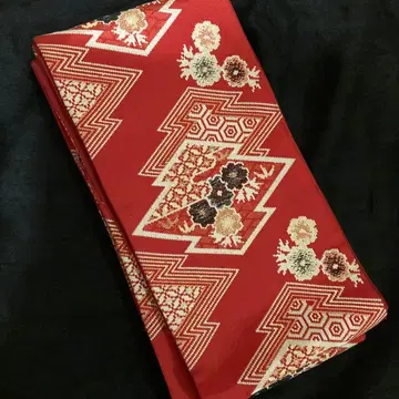 니시진 길상 문양 송피 능 당홍색 반폭 오비