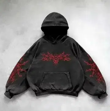 Y2K 블랙 후드 부착 후드티 빨간색 그래픽