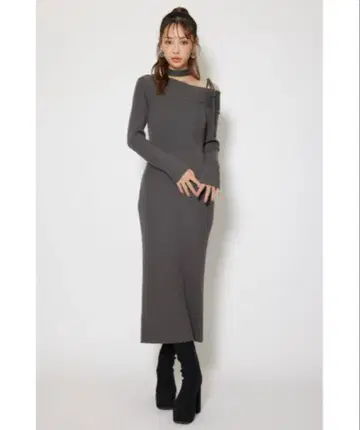 rienda 그레이 오프숄더 긴팔 니트 원피스