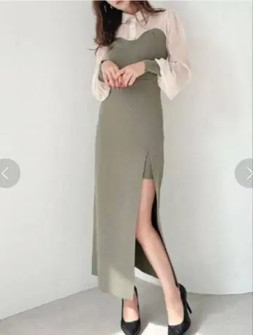 [새상품급] 리젝시 니트 레이어드 셔츠 원피스 그린 슬릿