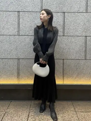 FRAY I.D 머메이드 니트 롱 원피스 긴팔 도트 블랙