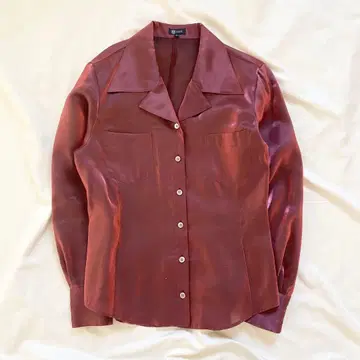 광택 블라우스 보르도 오픈 카라 긴팔 드레이프감 셔츠