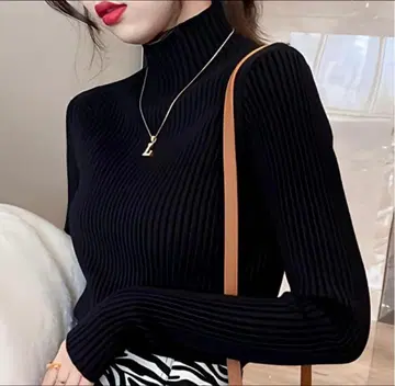 블랙 하이넥 니트 보틀넥 리브 니트 니트 고급 슬림