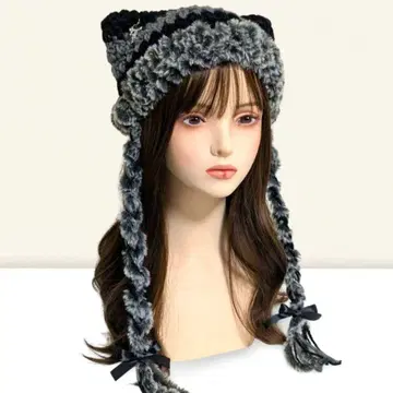 참 포함 핸드메이드 고양이 귀 니트 모자 y2k 그런지 블랙