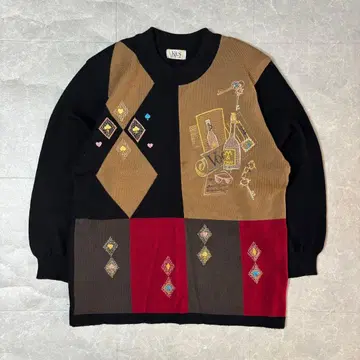 기하학 패턴 자수 울 100% 니트 M~L 아트 패턴 빈티지