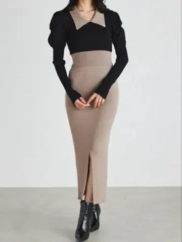 리엔다 rienda 바이컬러 첼시 컬러 롱 니트 원피스