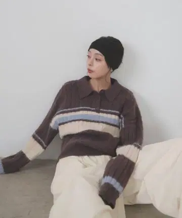 멀티 보더 폴로 니트 보더 니트 풀오버 폴로 칼라 니트 LIAN