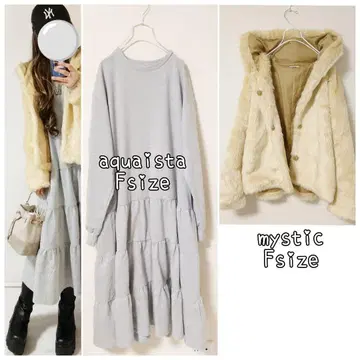 코디 세트 티어드 원피스 후드 부착 퍼 아우터