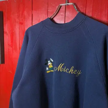 80s USA제 Fruit 미키 자수 래글런 맨투맨 네이비