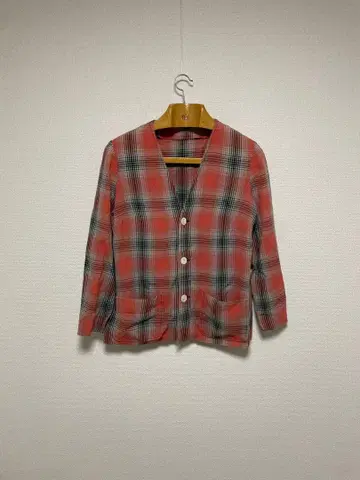 50s 60s 옴브레 체크 레이온 셔츠 리메이크 노카라 긴팔