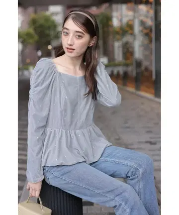 Rirandture 벨로아 자수 페플럼 블라우스