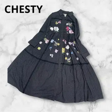 CHESTY 체크 무늬 꽃 자수 긴팔 셔츠 원피스