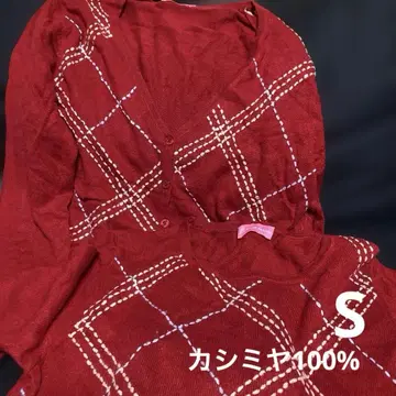 캐시미어 100% OTTIMO BRACCIO 빨간색 체크 무늬 가디건 S