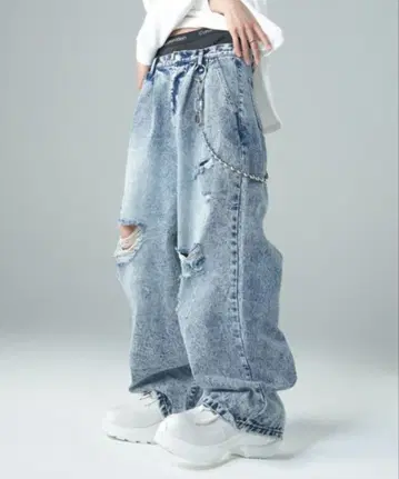 데미지 가공 블루 화이트 데님 와이드 레그