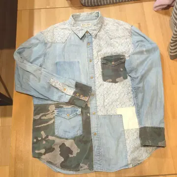 데님 패치워크 긴팔 셔츠 AVIREX 2XL 타입 블루