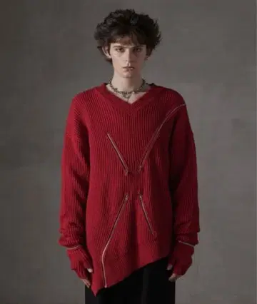 GRANCY 지퍼 디자인 비대칭 니트/빨간색