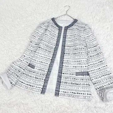 트위드 노카라 자켓 면 린넨 실버 라메 믹스 네이비