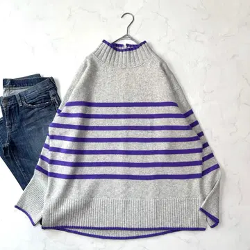 컨디션 최상 인디비 캐시미어 혼방 보더 하이넥 니트 와이드 13 사이즈