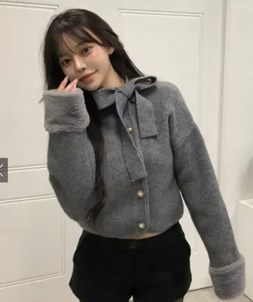 리본 포함 그레이 크롭 가디건