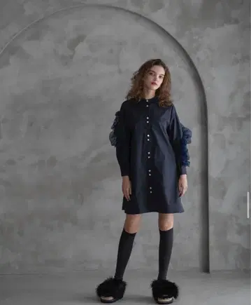 LINKABLE 프릴 셔츠 미니 원피스 navy