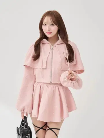 다리치 Darich 라메 트위드 후드티 셋업 핑크