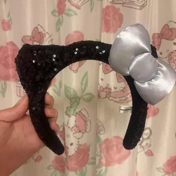 스팽글 블랙 머리띠 실버 리본
