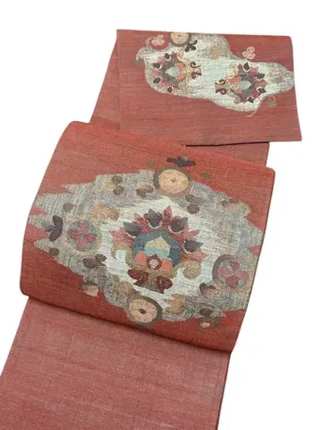 A13 미사용 새상품 츠무기 후쿠로 오비 새상품급 석류색 순수 실크