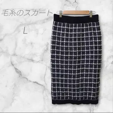 타이트 스커트 L 블랙 앤 화이트 체크 무늬 털실 스커트 허리밴딩