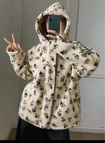 SHEIN 후드 부착 보아 자켓 꽃무늬 후드티