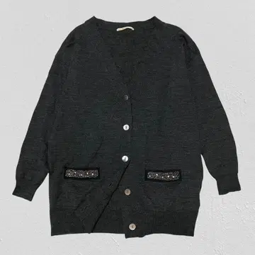 Spick and Span 울 100% V넥 니트 가디건 장식 F