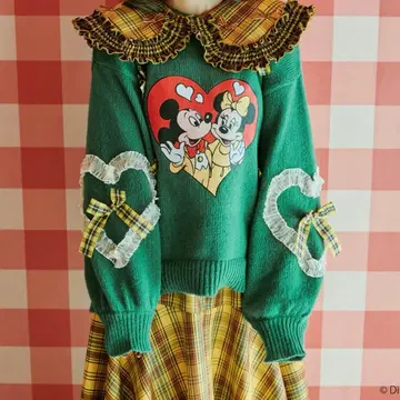 쿠틸 디즈니 미키 미니 하트 모티브 체크 리본 니트