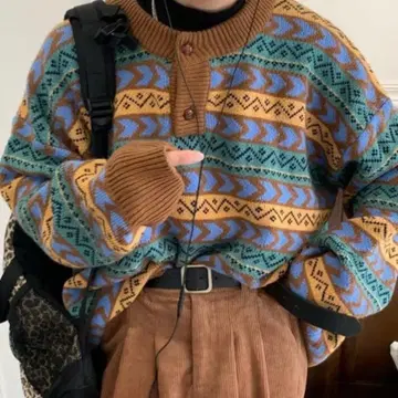 SHEENA 노르딕 무늬 헨리넥 오버 사이즈 니트