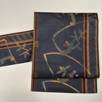 하카타 오리 팔촌 나고야 오비 순수 실크 파랑 그레이 초목 so205