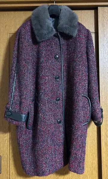 MIMO MODA 퍼 옷깃 트위드 롱 코트