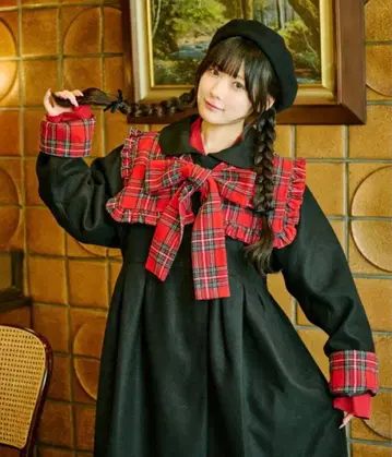 [ 쿠티르와 레트로 ] 체크 보타이 카라 부착 멀티 웨이 스텐카라 코트