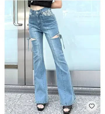 NOMAE 사이드 리본 플레어 데님 S 다크 블루