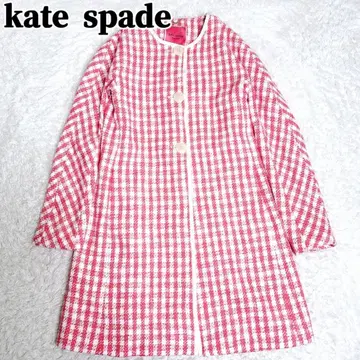 택 포함 케이트 스페이드 노카라 코트 트위드 깅엄 체크 핑크