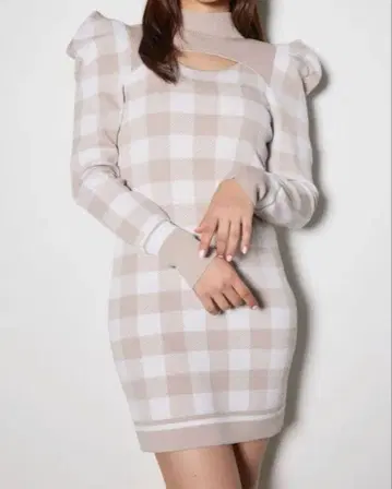핑크 가슴 키리누키 체크 무늬 니트 원피스 긴팔