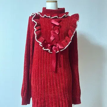 유메텐보 모리걸 양산형 리본 긴팔 니트 원피스 레드