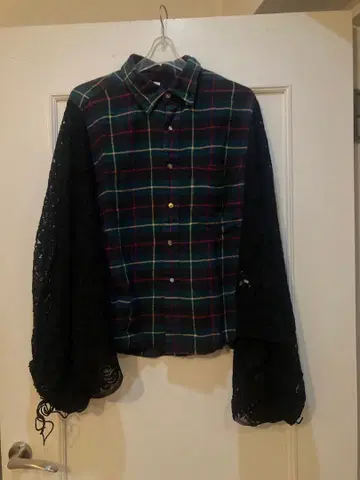 yuumi aria 체크 무늬 레이스 슬리브 셔츠