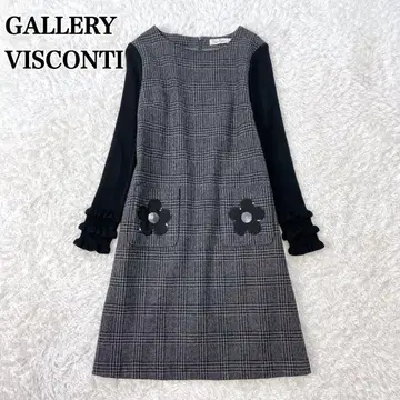 새상품급 갤러리 비스콘티 절개 원피스 체크 트위드 꽃 블랙