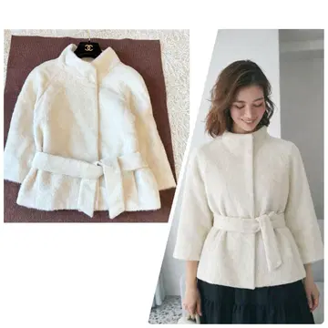 언타이틀 알파카 혼방 스탠드 카라 숏코트 벨트 포함 화이트