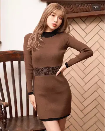 브라운 긴팔 미니 원피스