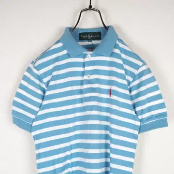 Y8456*랄프 로렌 보더 무늬 피케 셔츠 스카이블루 화이트 M