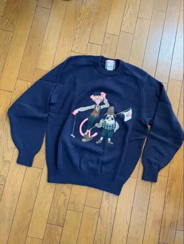 PINK PANTHER 캐릭터 자수 울 니트 스웨터 빈티지