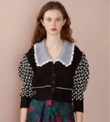 FURFUR 퍼프 슬리브 크로셰 편직 카라 부착 가디건