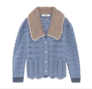퍼 퍼 스카이블루 크로셰 뜨기 카라 부착 가디건