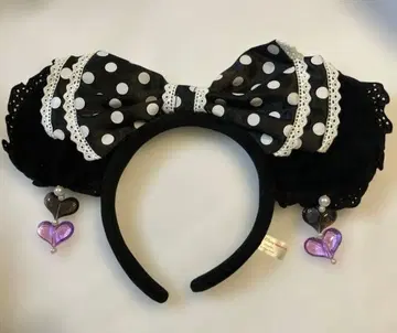 TDR 디즈니 미니 머리띠 블랙 도트 리본 하트 귀찌 레이스