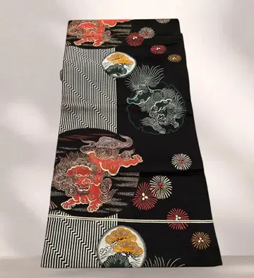 나고야 오비 앤티크 당사자 무늬 세로줄 꽃 무늬 순수 실크 기모노